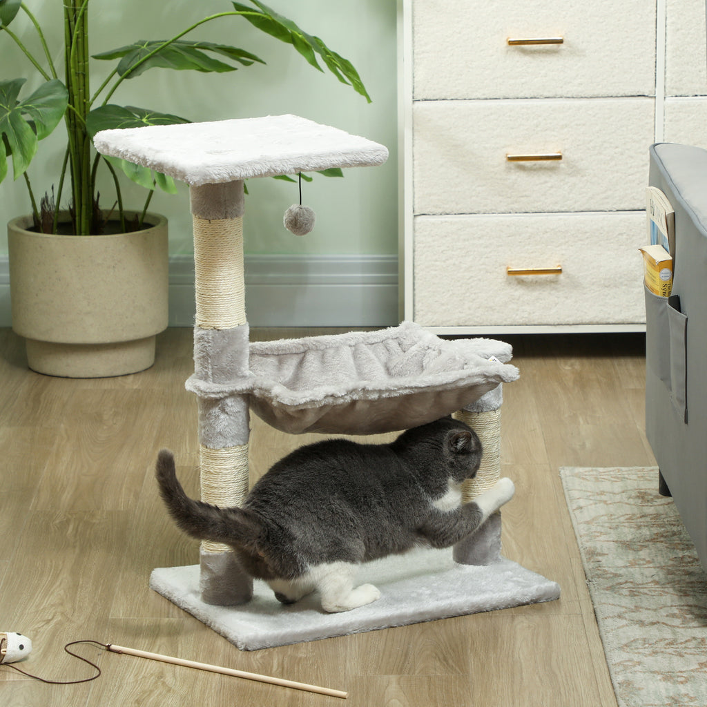 PawHut Multi-Level Cat Scratching Tree with Hammock and Hanging Ball, Wood and Plush, 50x36x70cm, Light Grey