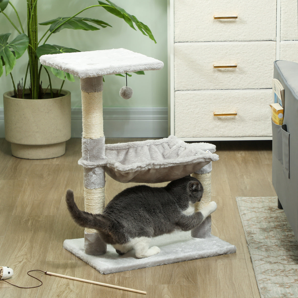 PawHut Multi-Level Cat Scratching Tree with Hammock and Hanging Ball, Wood and Plush, 50x36x70cm, Light Grey