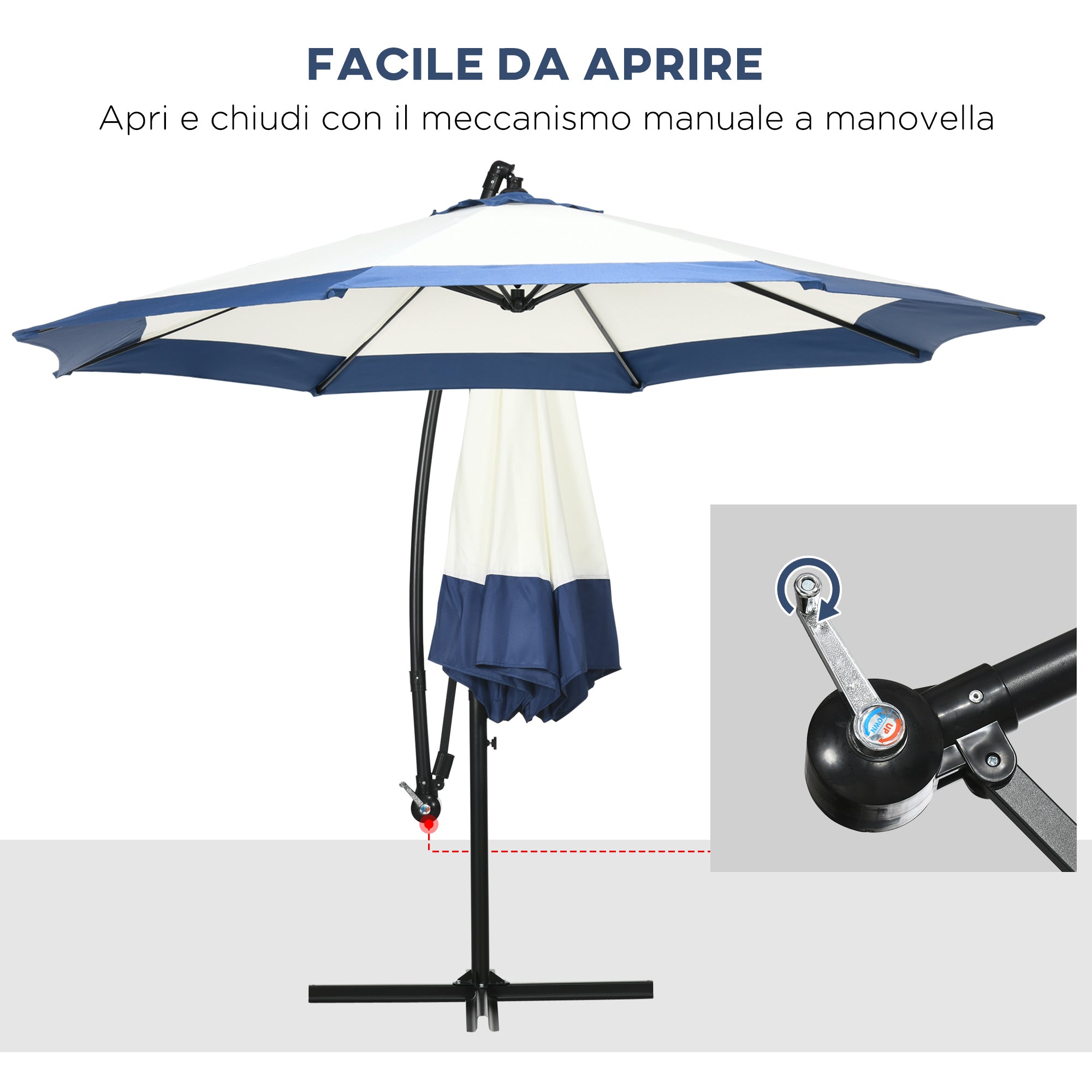 Garden Umbrella with Arm 3x2 m with Crank, Metal and Polyester, Dark Blue and Cream