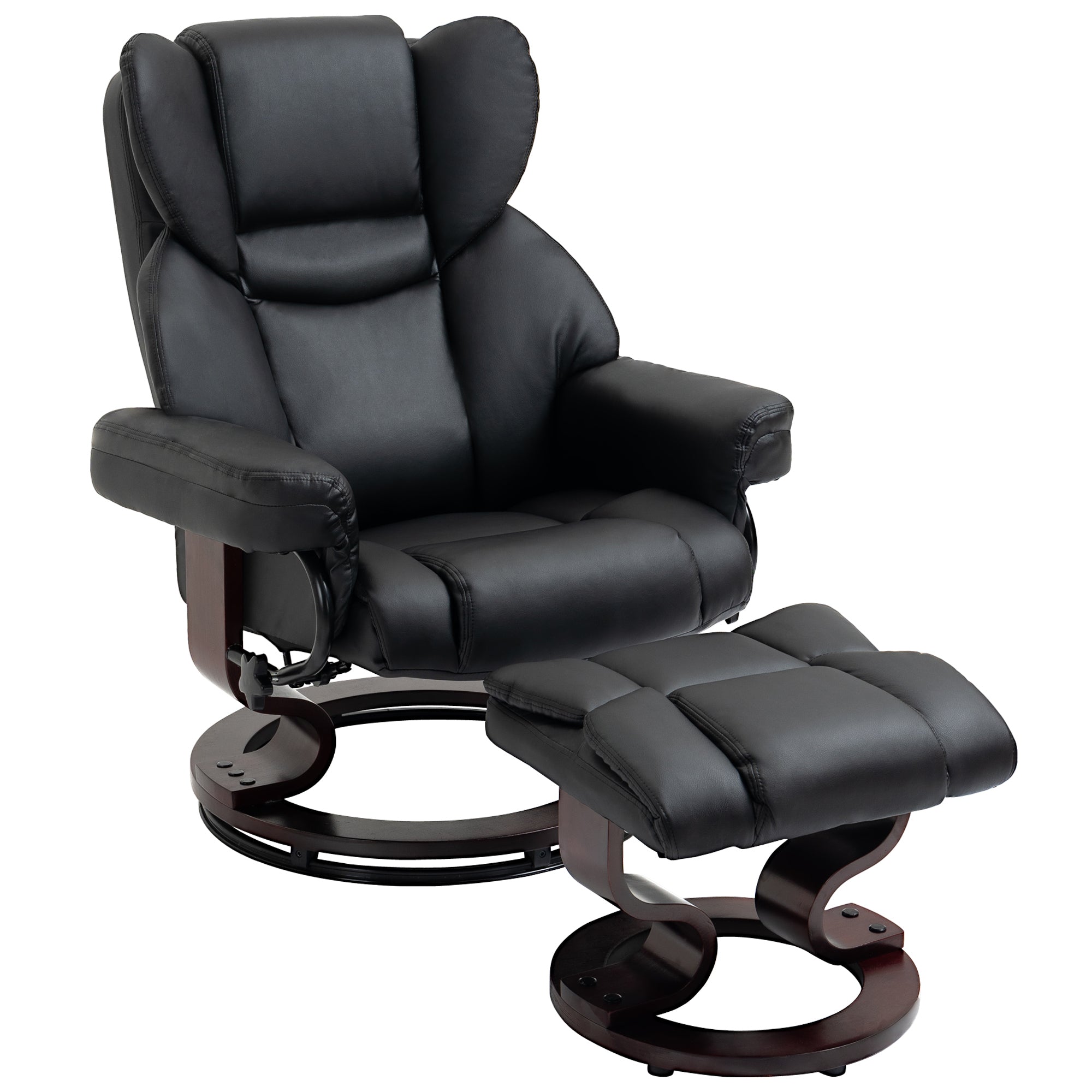 Relaxing Chair and Footstool, 145° Reclining with Swivel Seat in Faux Leather, Black