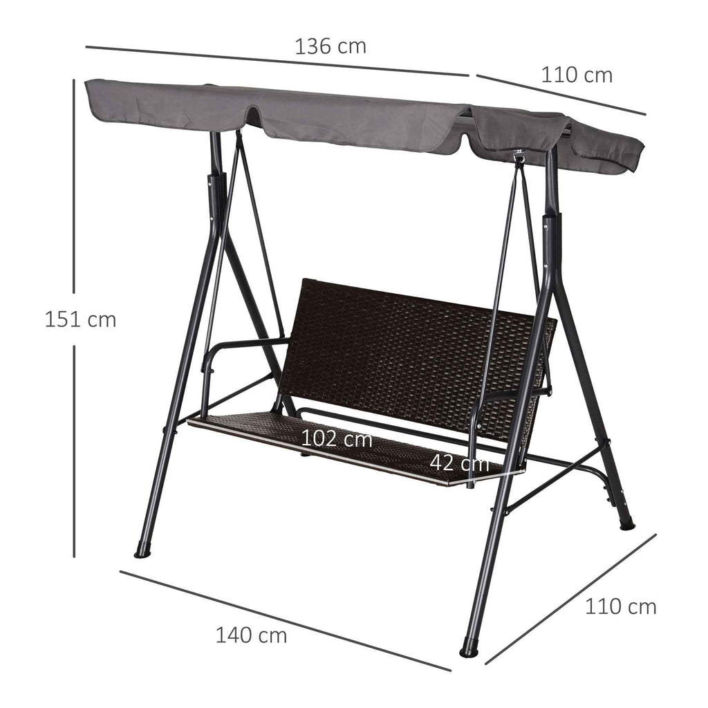 Outsunny 2-Seater Garden Swing with Adjustable Canopy, 140x110x151 cm, Brown and Grey