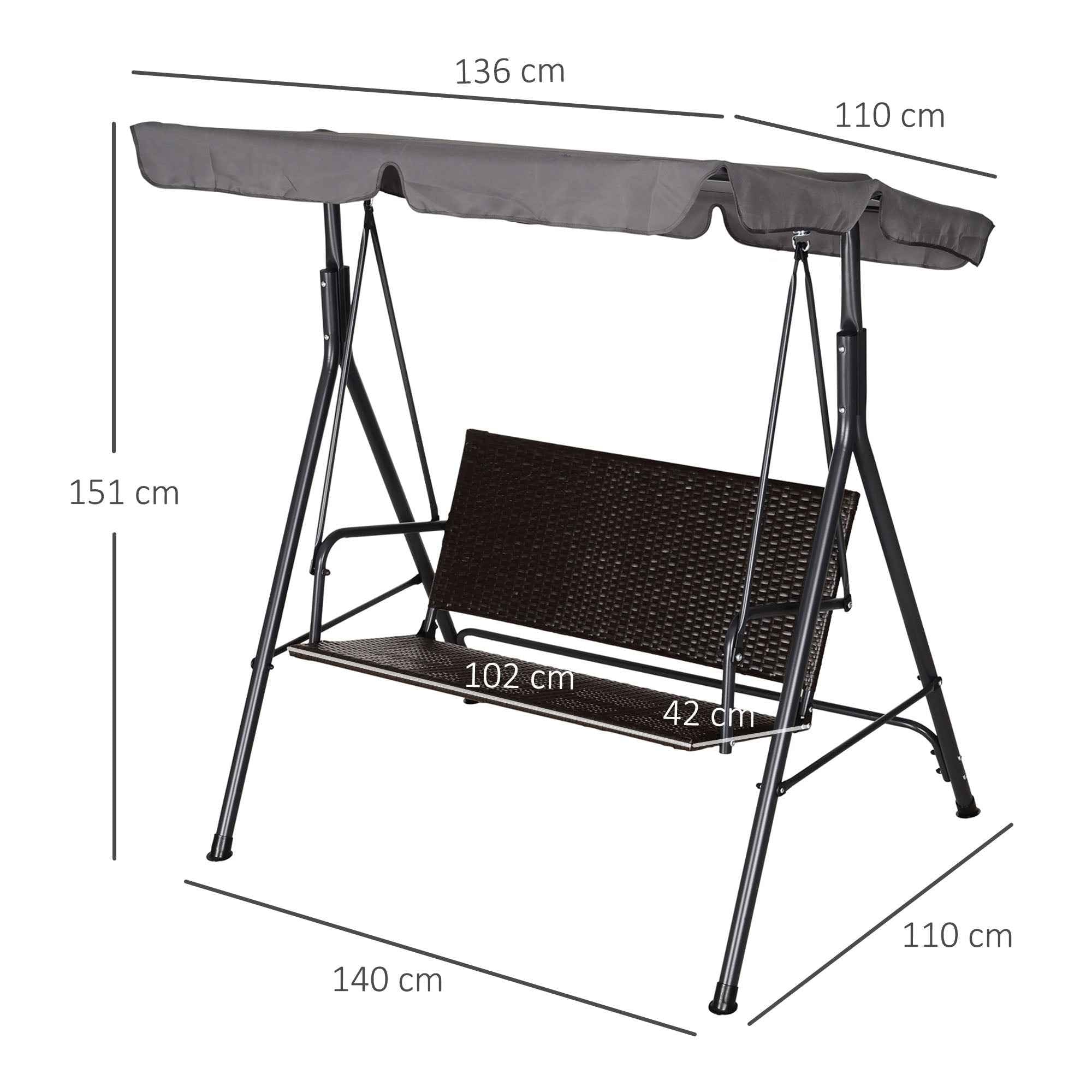 Outsunny 2-Seater Garden Swing with Adjustable Canopy, 140x110x151 cm, Brown and Grey