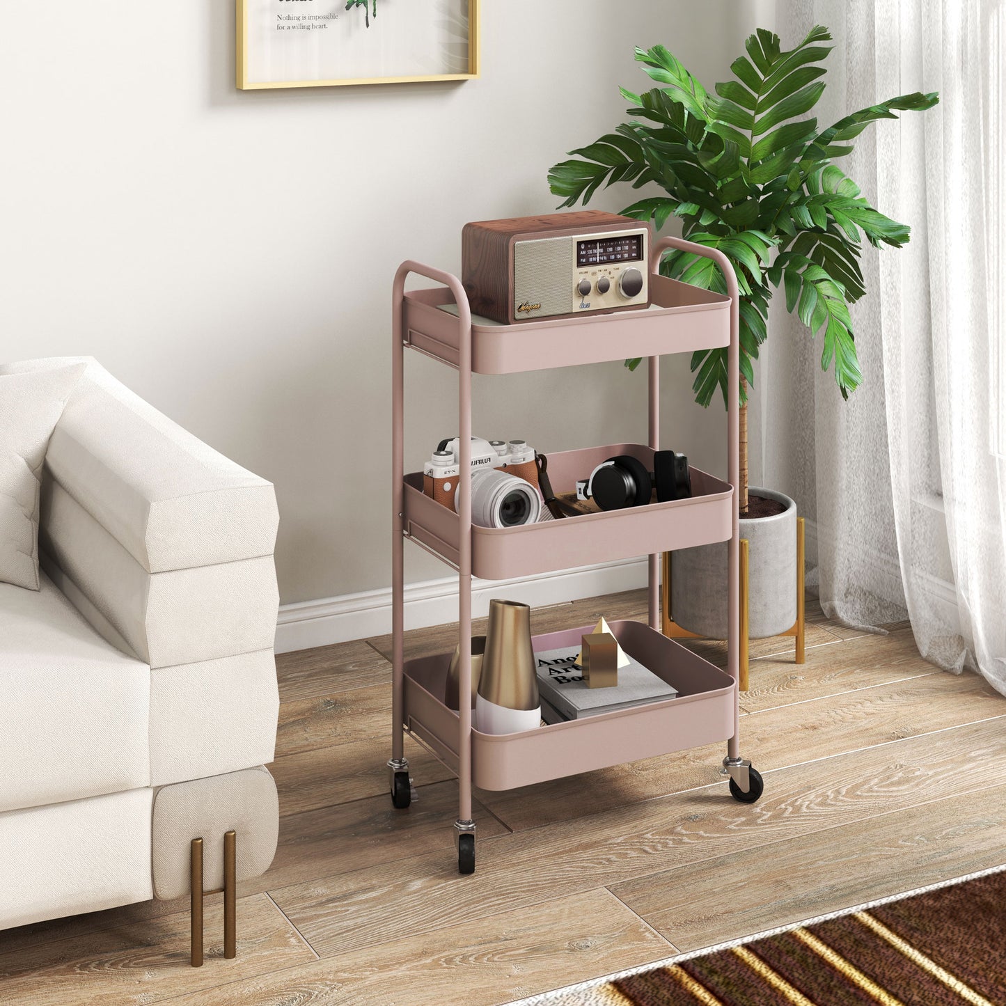 3-Tier Kitchen Cart with Handles and 4 Wheels, Steel, 45x30.6x79 cm, Pink