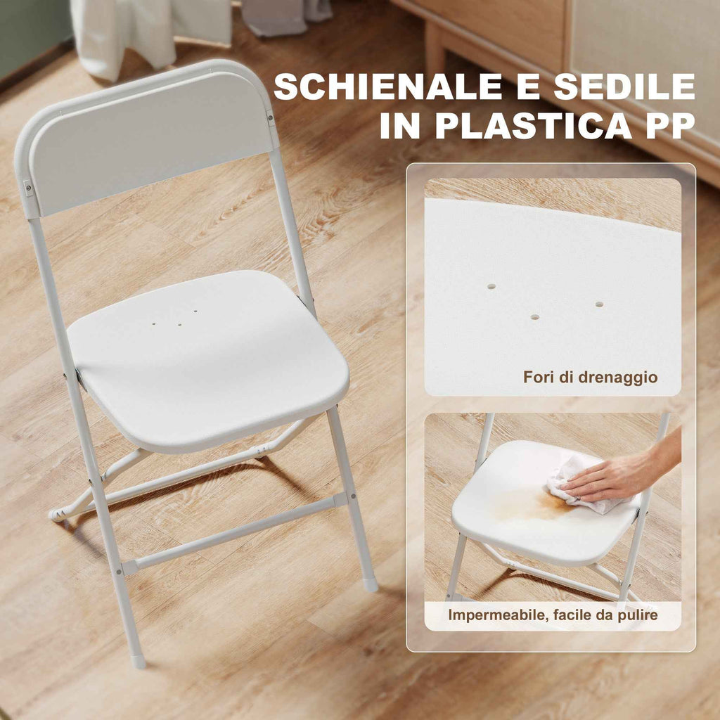 HOMCOM Set of 4 Folding Chairs with Drainage Holes in Plastic and Metal, 45x49x79.5 cm, White