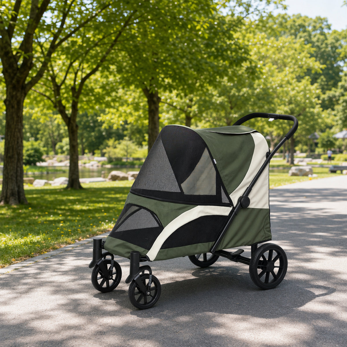 PawHut Medium Dog Stroller, Foldable with Mesh Windows, Cushion and Leash, 124 x 67 x 100 cm, Dark Green