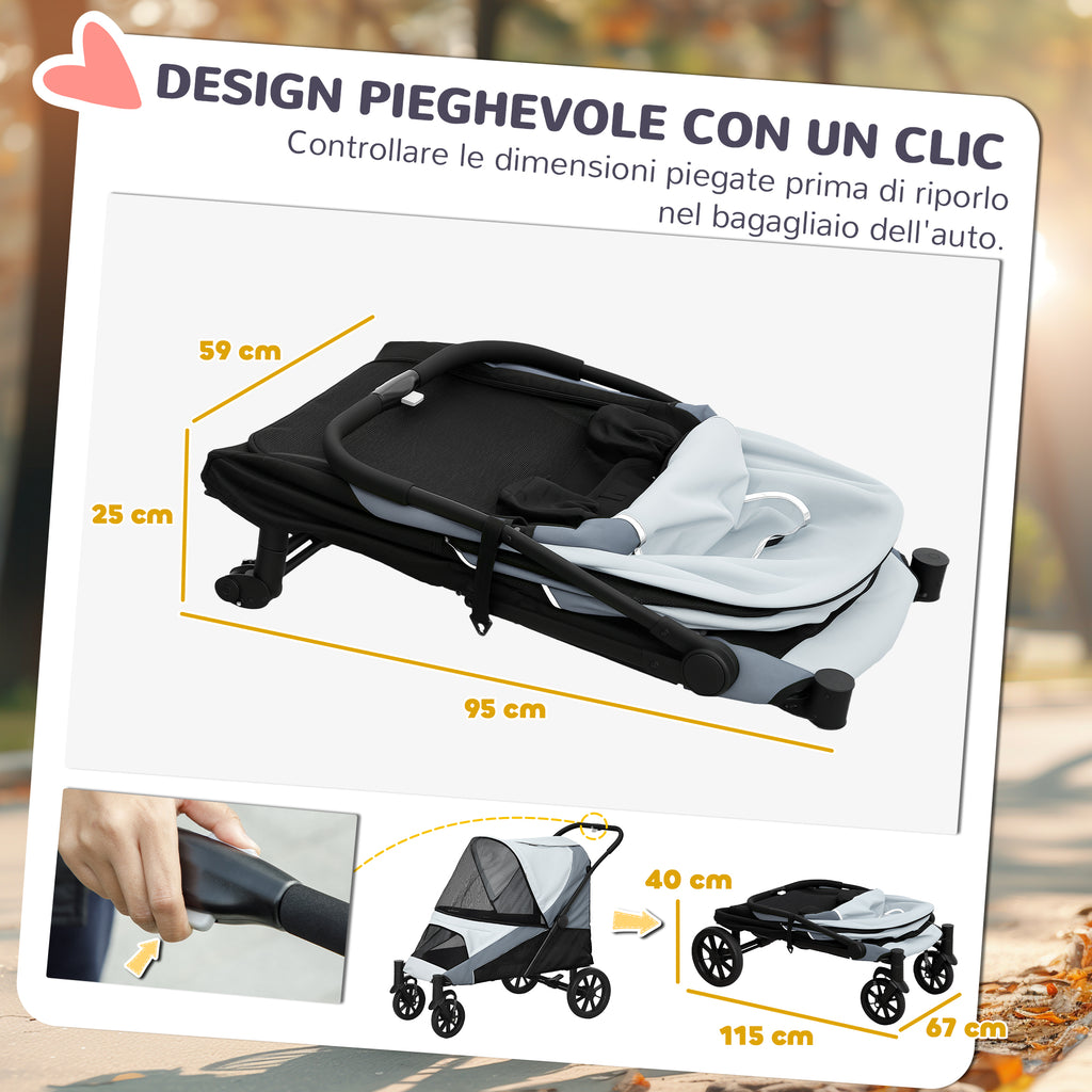 Large Dog Stroller Foldable with Mesh Windows, Cushion and Leashes, 124x67x100 cm, Grey