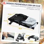 Large Dog Stroller Foldable with Mesh Windows, Cushion and Leashes, 124x67x100 cm, Grey
