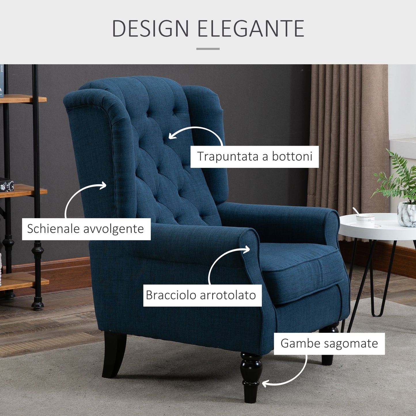 HOMCOM French Style Living Room Armchair with Padded Seat and Cushions, in Polyester, 74x86x102 cm, Blue - Borgè