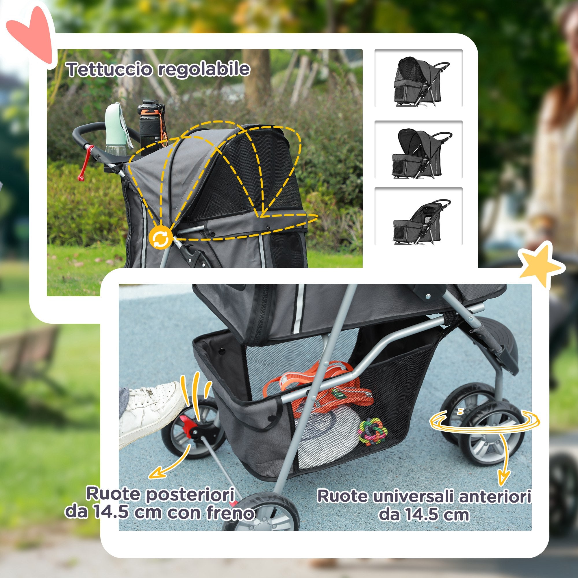 Folding Dog Stroller with Cup Holder and Basket, Steel and Polyester, 75x45x97 cm, Charcoal Grey