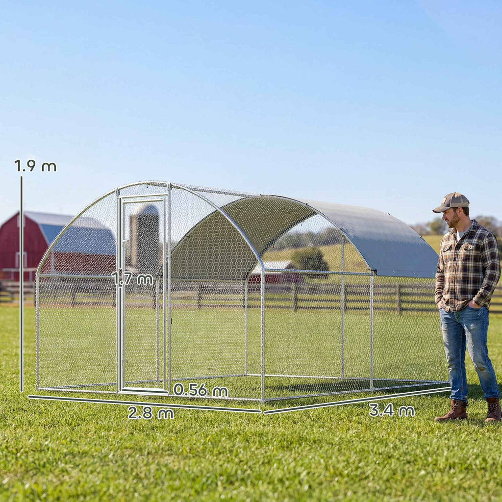 PawHut Outdoor Chicken Coop with Waterproof Roof and Lock, Galvanized Steel, 2.8 x 3.4 x 1.9 m, Silver