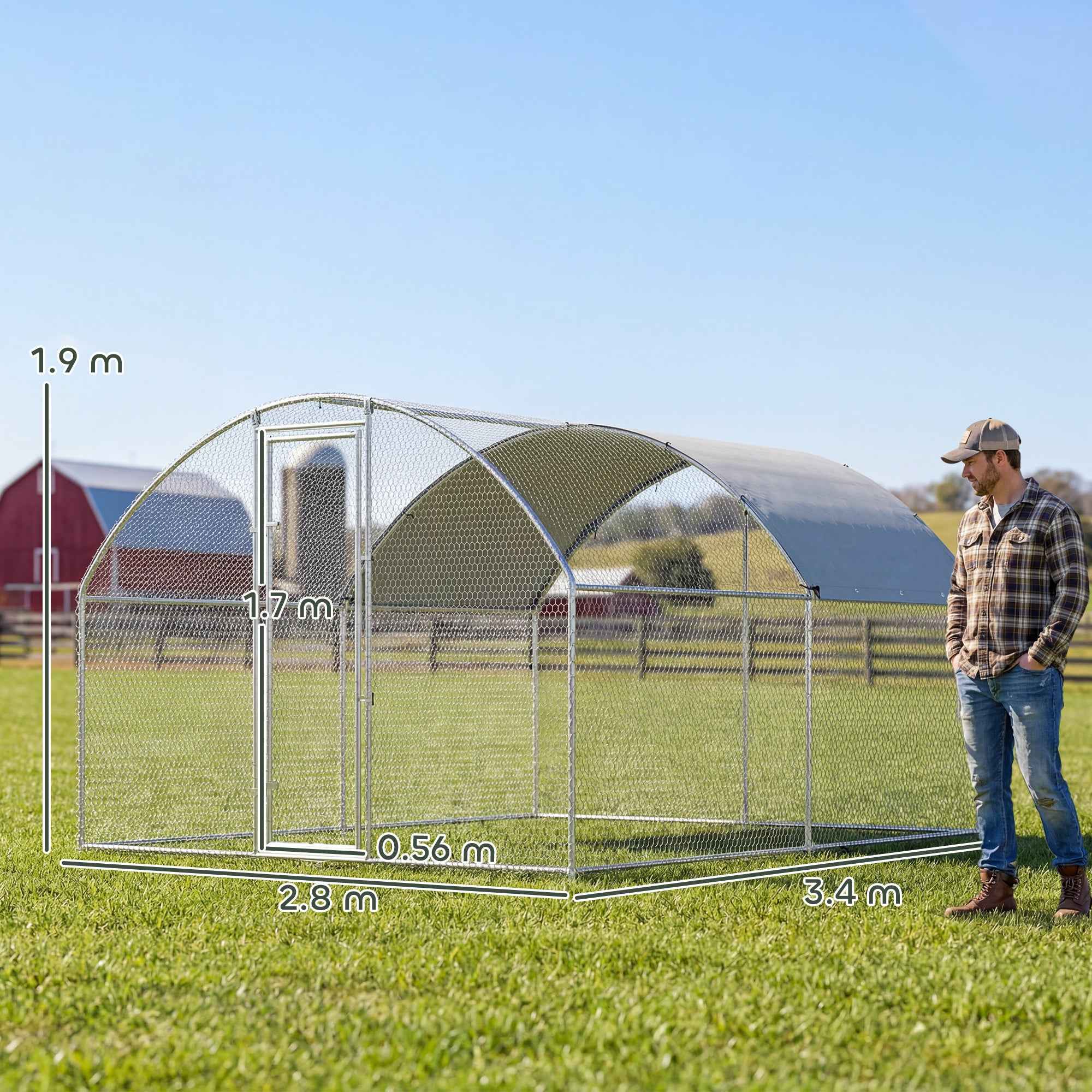 PawHut Outdoor Chicken Coop with Waterproof Roof and Lock, Galvanized Steel, 2.8 x 3.4 x 1.9 m, Silver