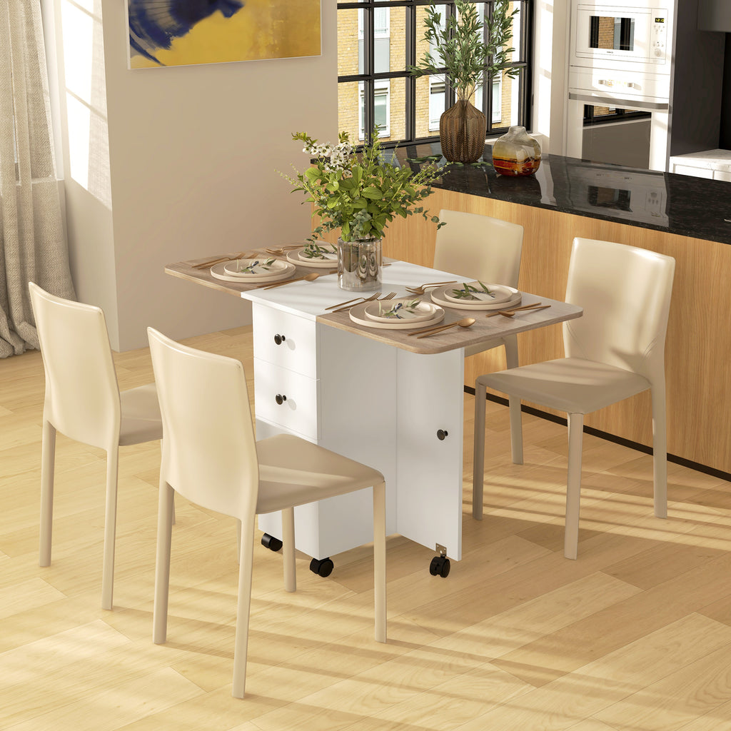 Folding Table with 2 Drawers and Cabinet, 6 Wheels and Brakes, 120x60x76.5 cm, White and Oak
