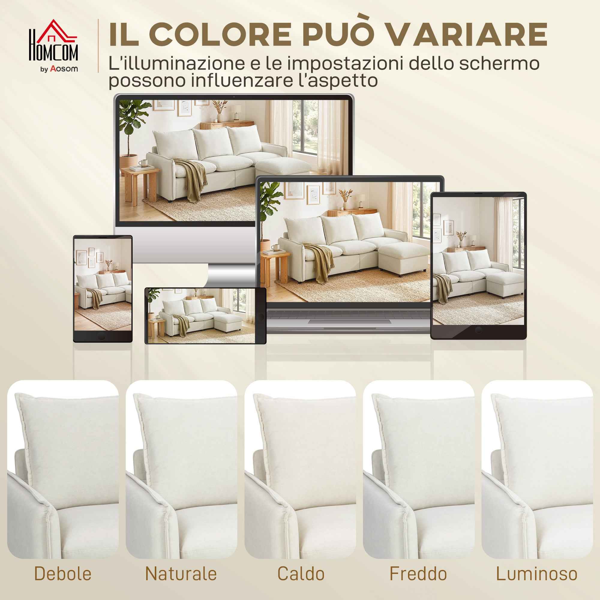 3-Seater Modular Corner Sofa in Breathable Leather-Effect Fabric with Storage, Footrest, Cushions, Cream