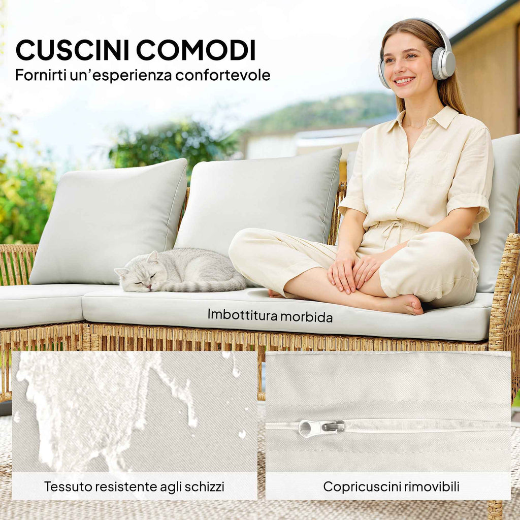 Outsunny 3-Piece Garden Set with Sofa, Chaise Longue and Coffee Table, Steel and PE Rattan, Cream