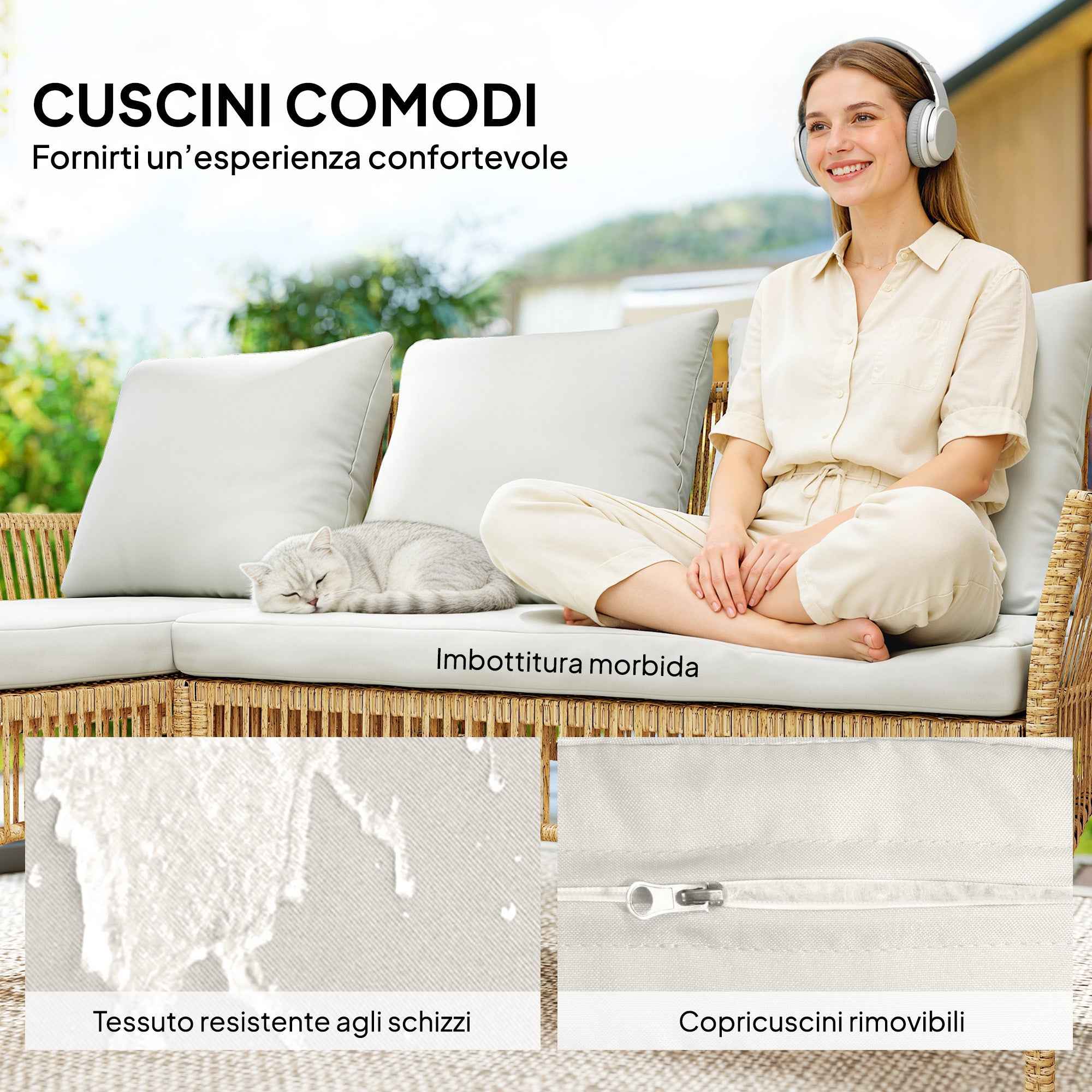 Outsunny 3-Piece Garden Set with Sofa, Chaise Longue and Coffee Table, Steel and PE Rattan, Cream