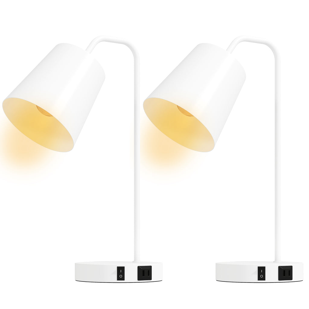 HOMCOM Set of 2 Modern Steel Table Lamps with USB Ports, E27 Socket, White