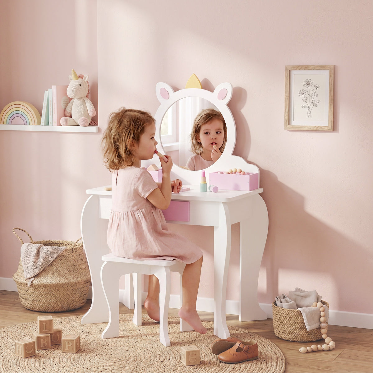 ZONEKIZ Girls' Vanity Makeup Set with Stool, Acrylic Mirror, 2 Storage Boxes, Unicorn Design, Pink