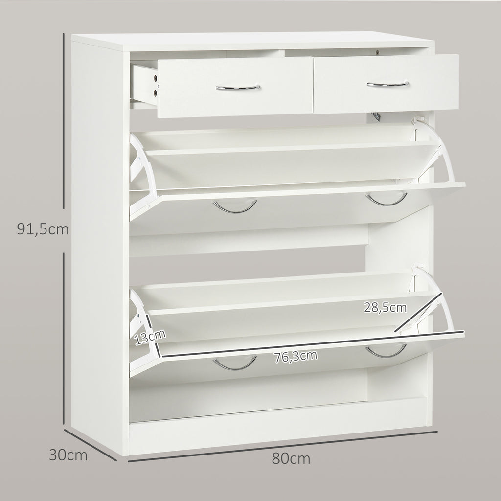 HOMCOM 12-Pair Shoe Rack with 2 Adjustable Internal Shelves and 2 Drawers, Wooden, 80x30x91.5 cm, White