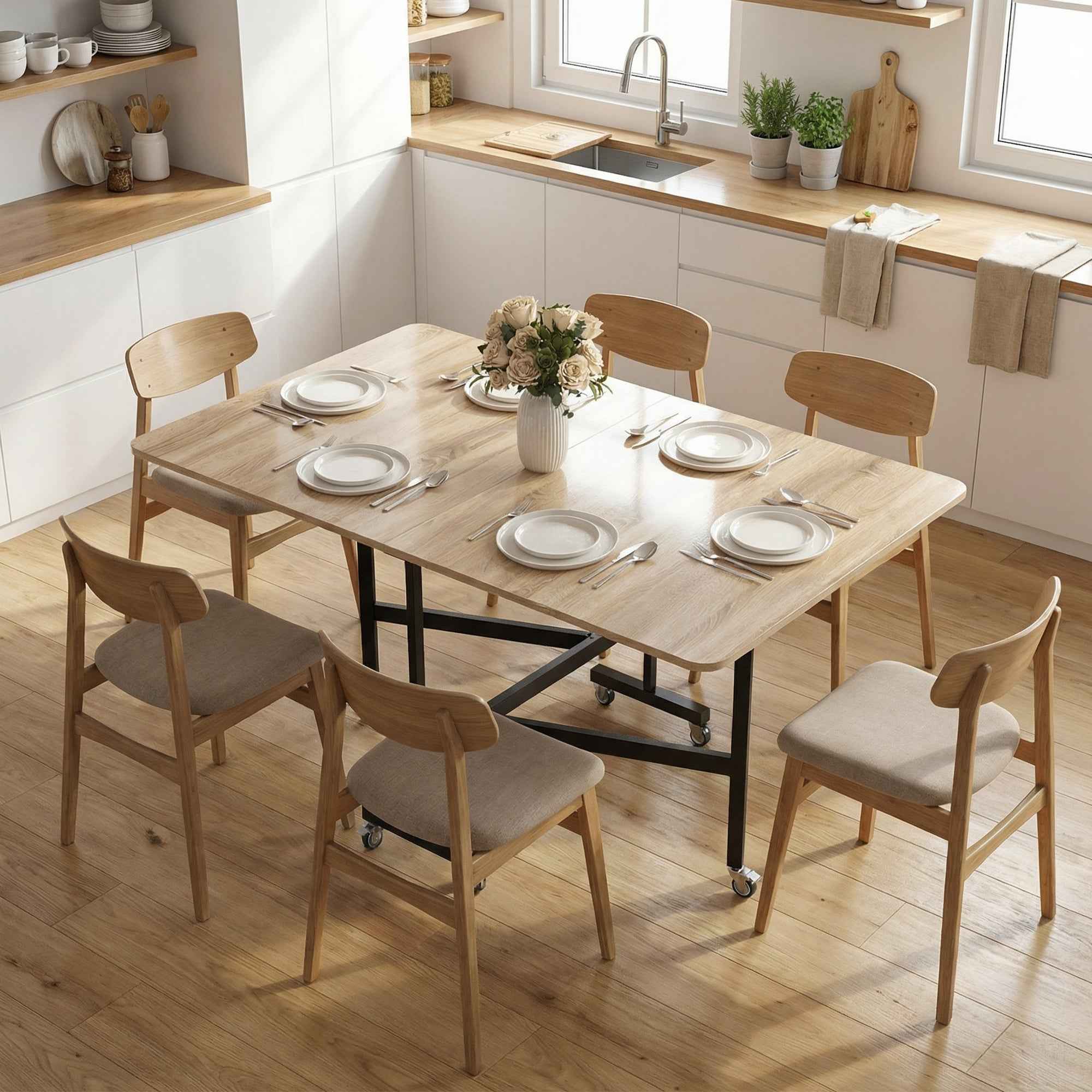 HOMCOM Folding Table for 4-6 People with 2 Drop-Leafs and Wheels with Brakes, 120x80x73 cm, Oak