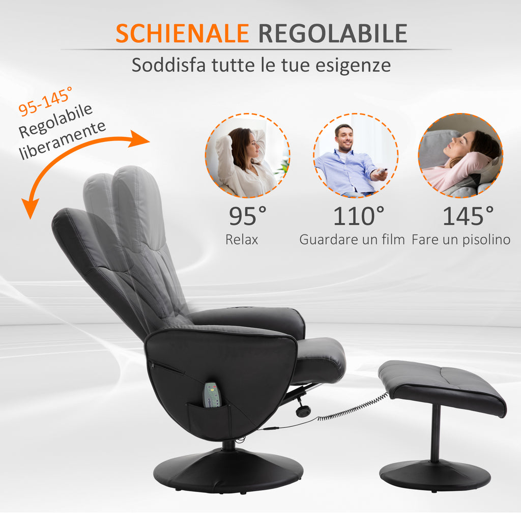 Massage Chair with Ottoman and Footrest, 145° Reclining, Swivel Seat and 10 Massage Points, Black