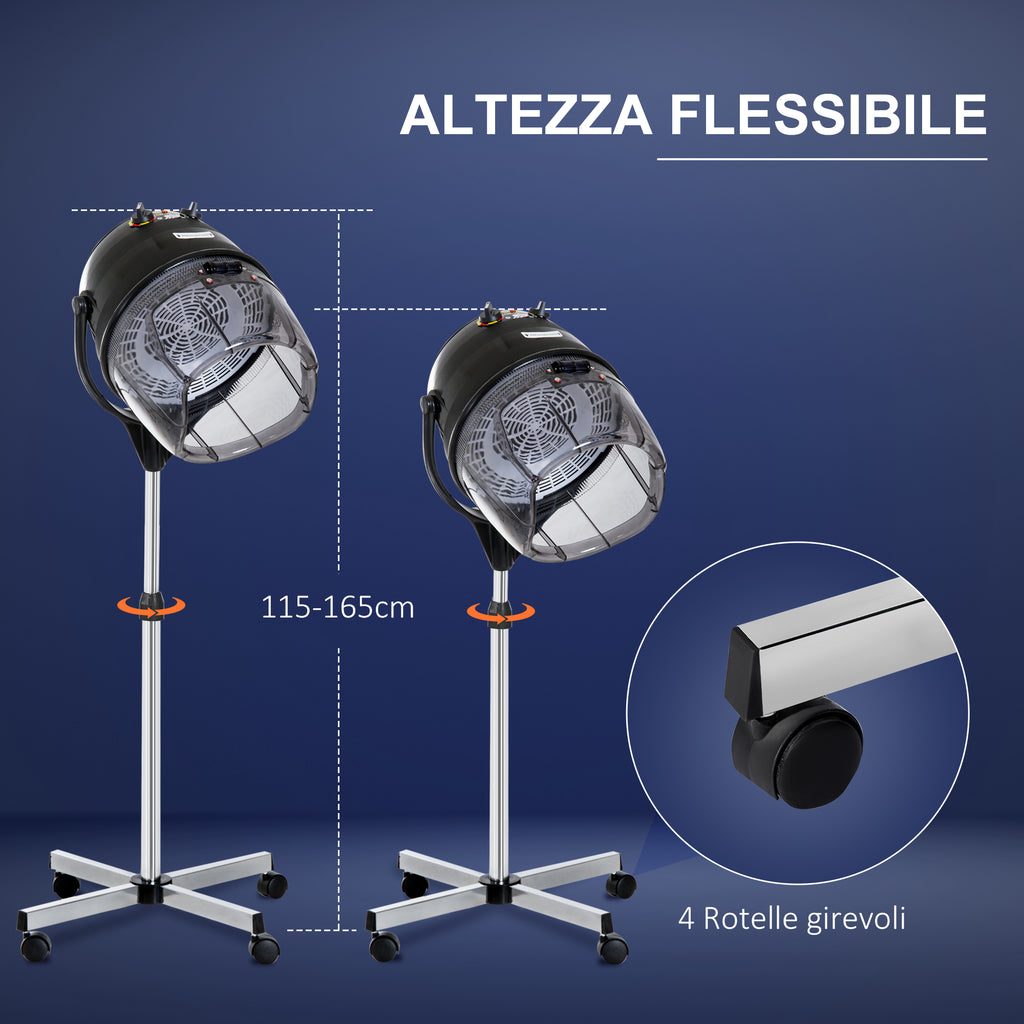 HOMCOM Helmet Hair Dryer 1180W with Adjustable Height with 60 Minute Timer and Swivel Wheels, 65x65x115-165 cm, Black - Borgè