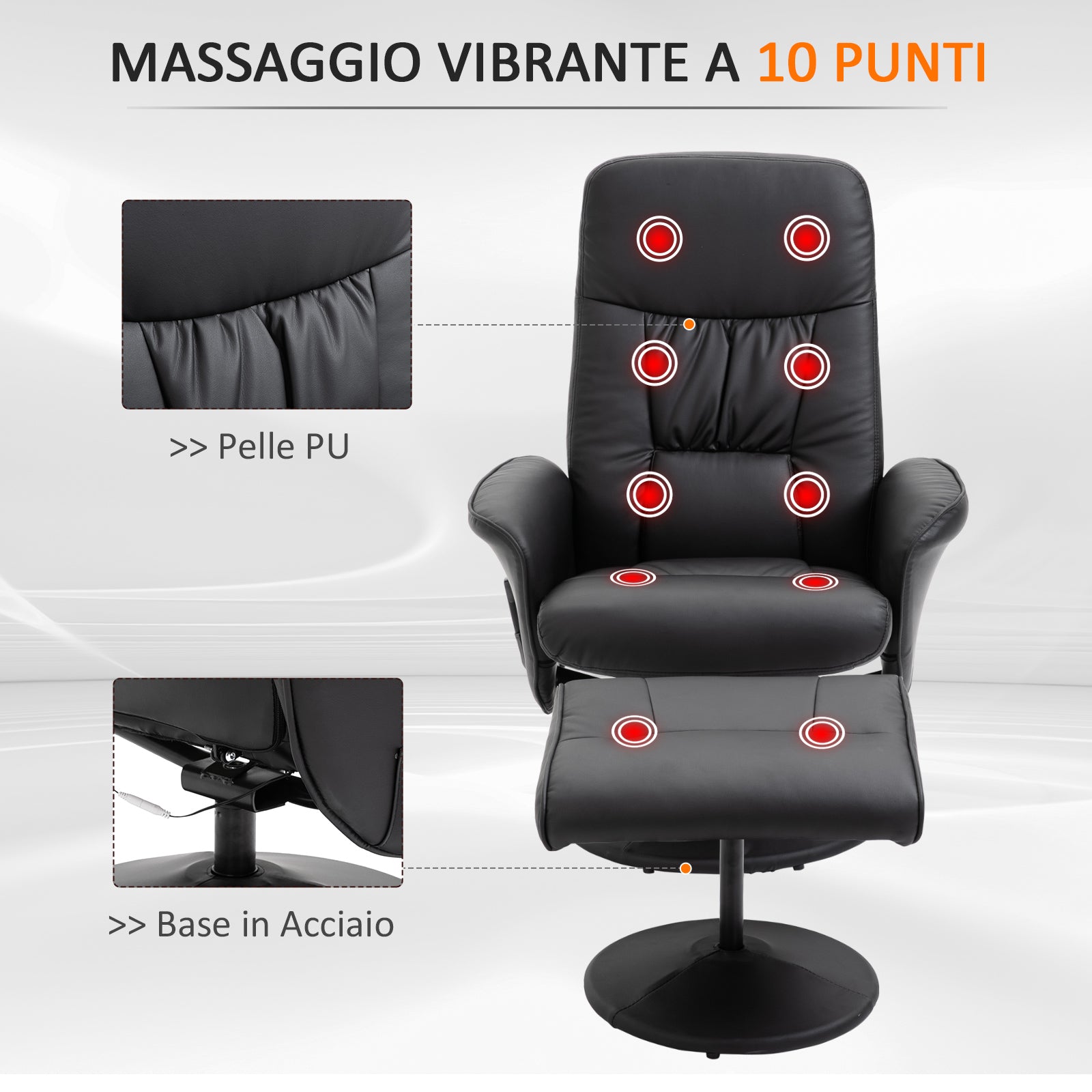 Massage Chair with Ottoman and Footrest, 145° Reclining, Swivel Seat and 10 Massage Points, Black