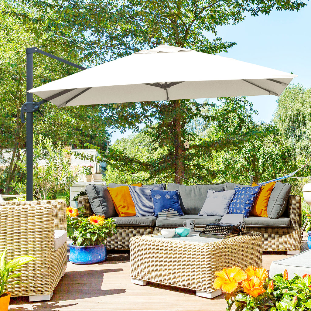 3x3m Cantilever Umbrella Tiltable with Crank and Cross Base, in Steel and Polyester, Cream White