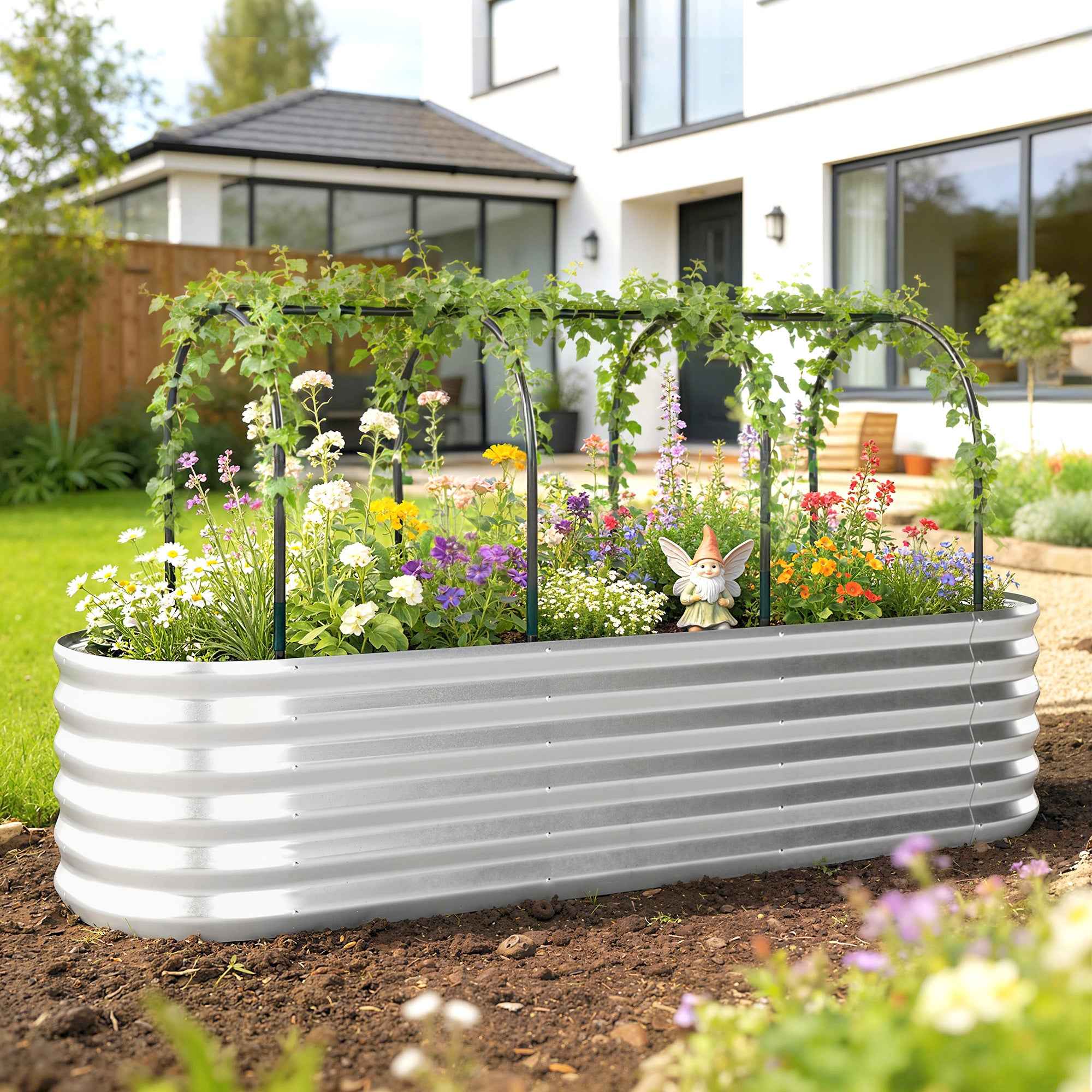 Outsunny Raised Outdoor Vegetable Garden with Trellis for Climbing Plants and Open Bottom, Steel, 200x60x103 cm, Silver