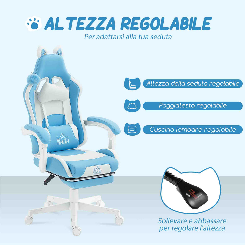 Reclining Gaming Chair with Footrest and Cushions, Faux Leather and Sponge, 65x62x116-124 cm, White and Blue