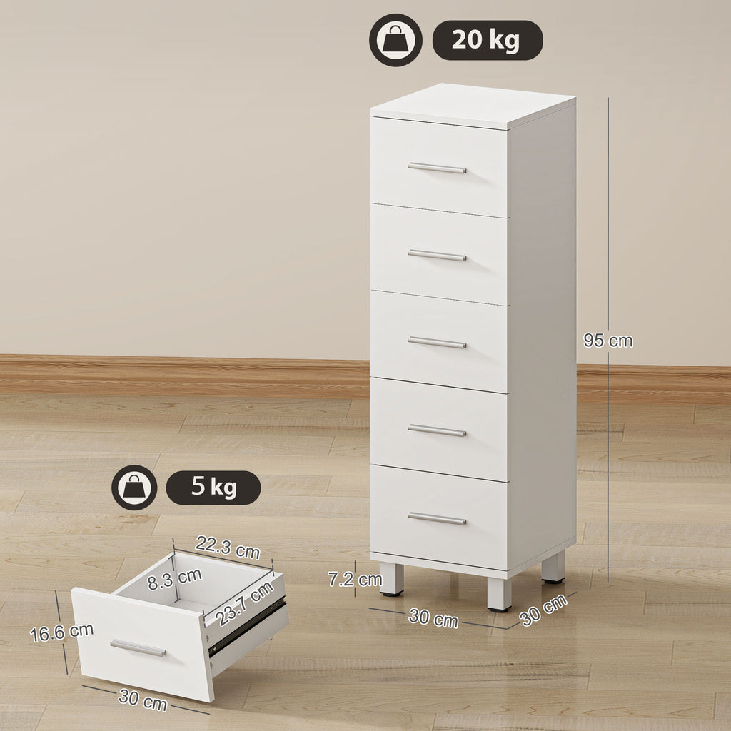 5-Drawer Chest of Drawers for Bedroom and Living Room, FSC Wood, 30x30x95 cm, White