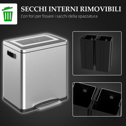 HOMCOM 15L 2-Section Pedal Waste Bin with Silent Lid, in Stainless Steel and PP, 40x34.8x47.5 cm