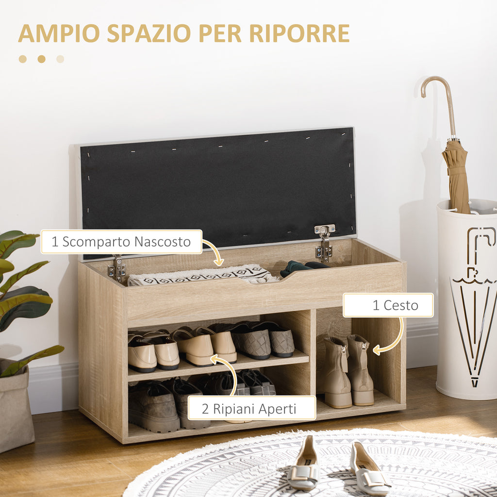 Space-Saving Padded Shoe Rack with 2 Open Shelves and Hidden Space, in Wood and PU Leather, 80x30x45 cm