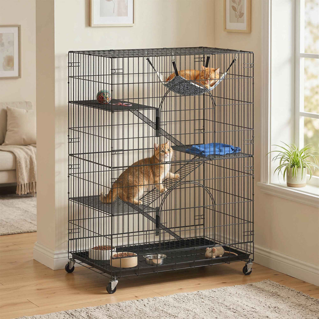 PawHut 4-Tier Cat House with Hammock, Bed, Ramps and Metal Platforms with Pull-Out Tray, Black