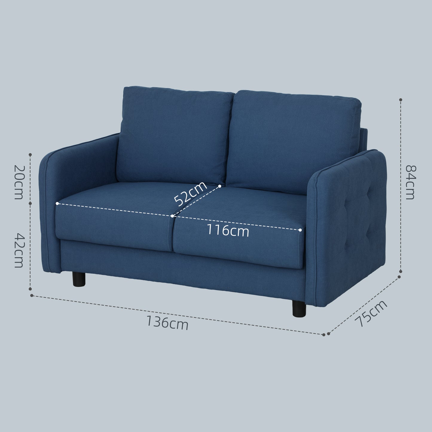 Modern 2 Seater Velvet Sofa with Removable Cushions and S-Springs, 136x75x84 cm, Blue