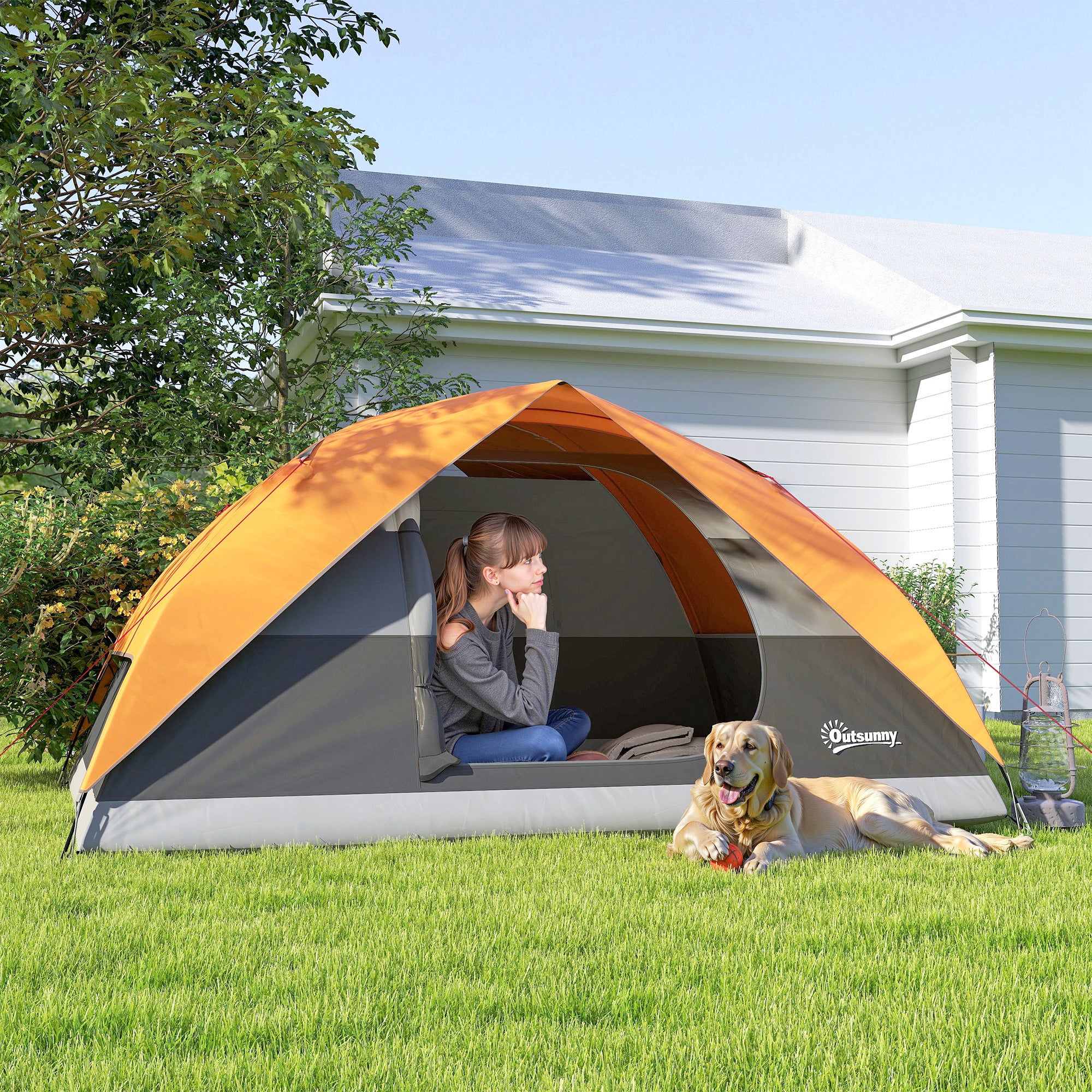 Waterproof 3-Person Camping Tent with Pockets, Lantern Hook and Carry Bag, Orange