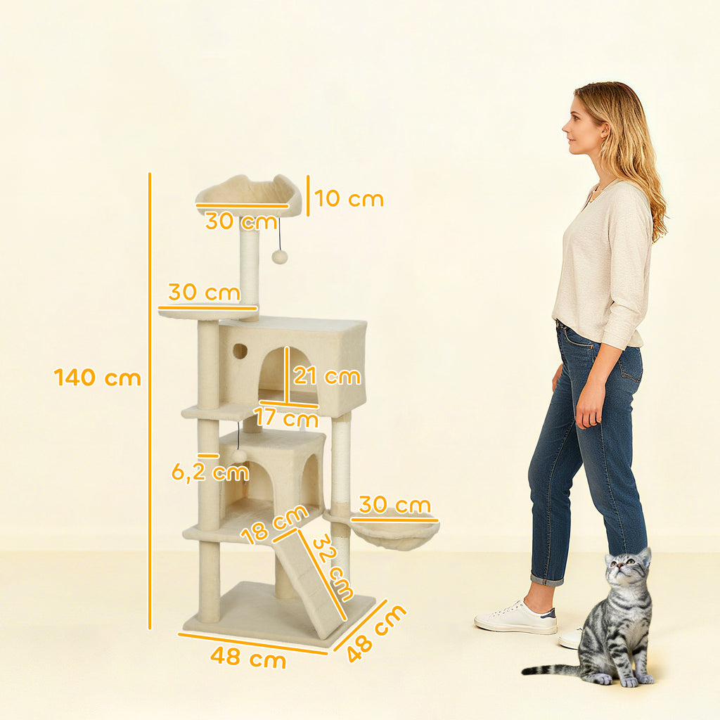 PawHut Cat Tree, 140 cm Tall, with 2 Cat Houses, Hammock, Bed and Sisal Posts, Beige