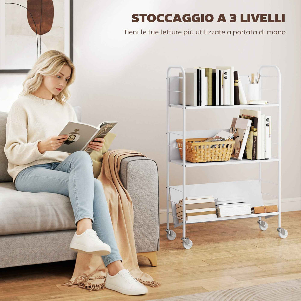 HOMCOM Modern 3-Tier Book Cart with Swivel Wheels for Books and Magazines, 69x26x108 cm, White