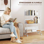 HOMCOM Modern 3-Tier Book Cart with Swivel Wheels for Books and Magazines, 69x26x108 cm, White