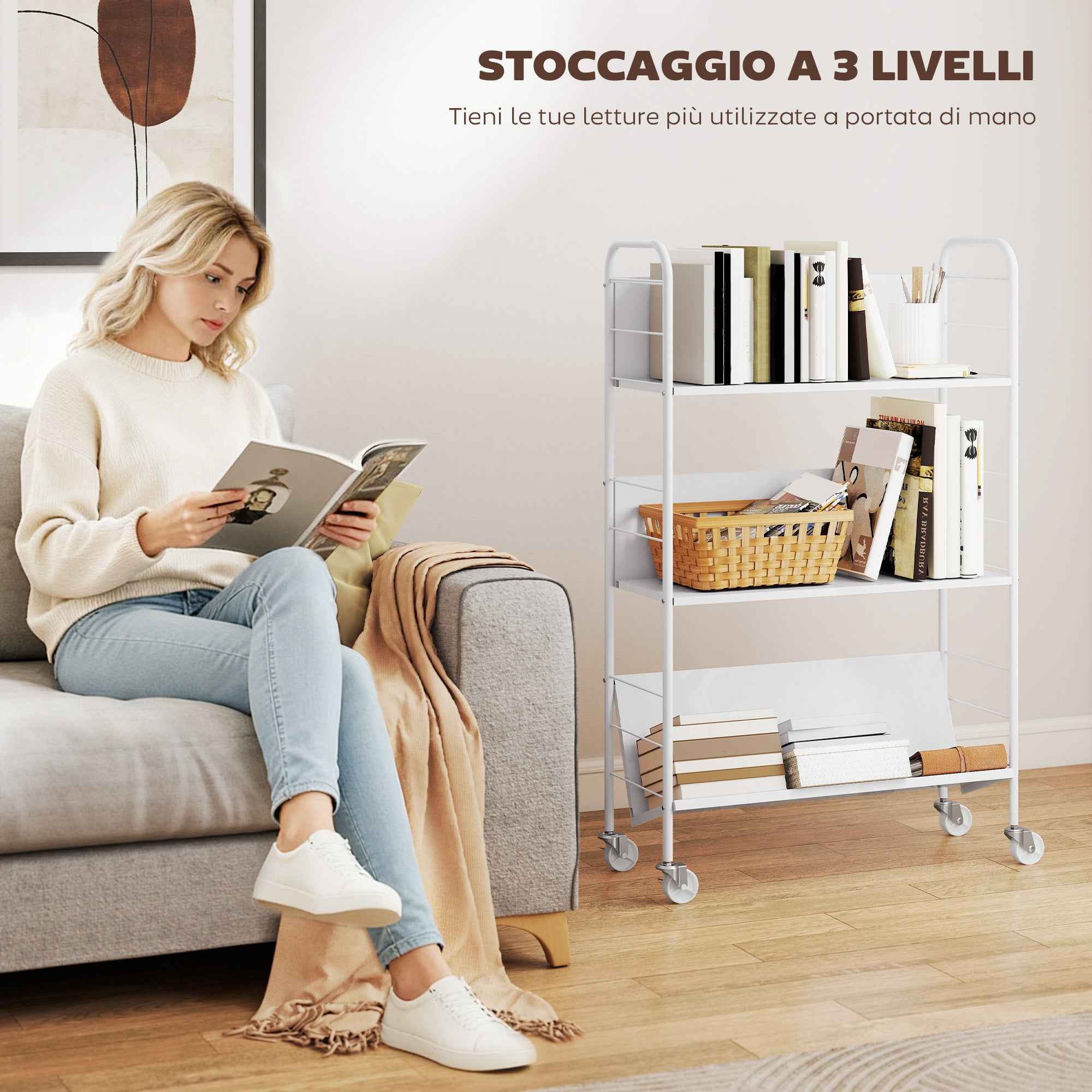 HOMCOM Modern 3-Tier Book Cart with Swivel Wheels for Books and Magazines, 69x26x108 cm, White