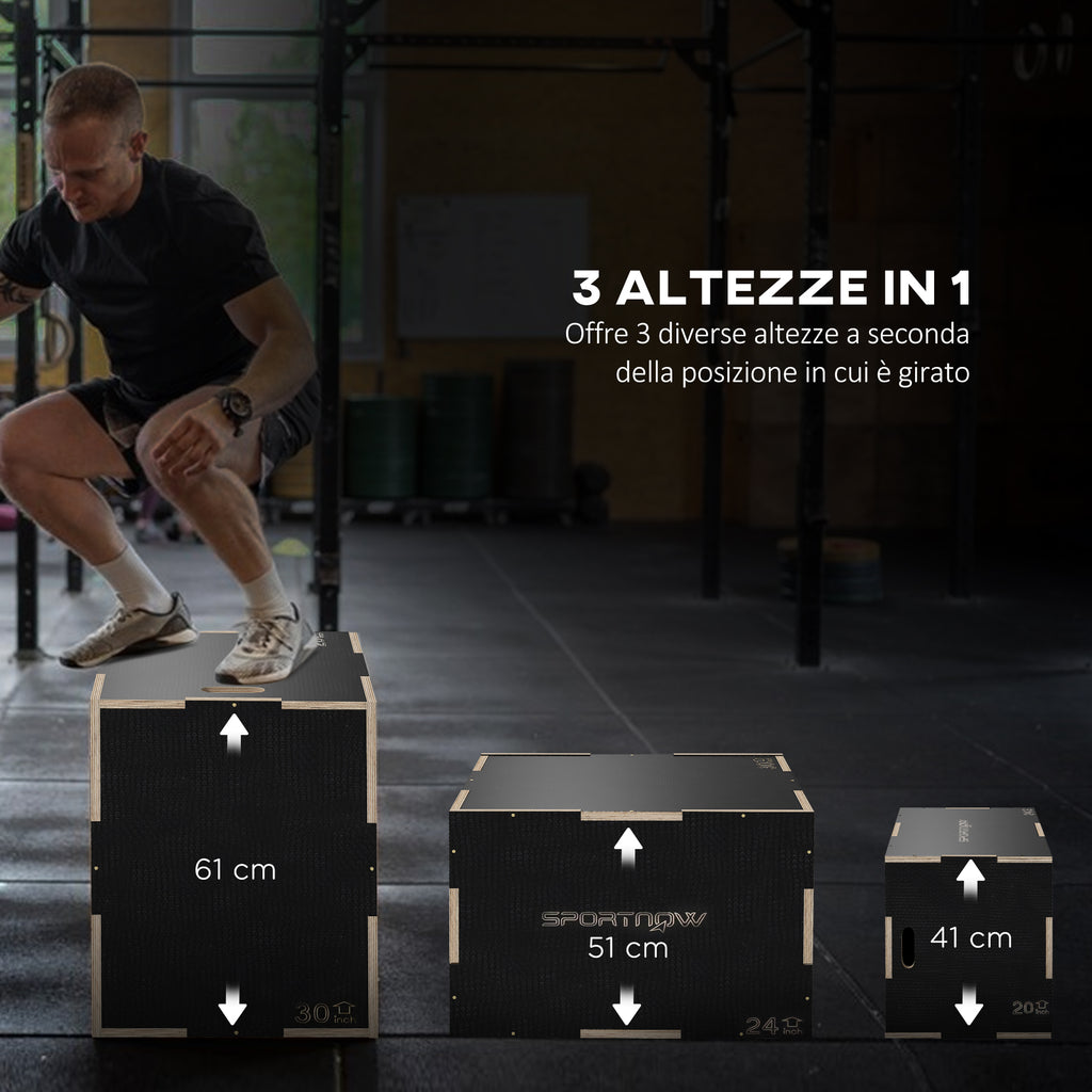 SPORTNOW Plyometric Jump Box at 3 Heights in Non-Slip Wood, 61-51-41cm, Black - Borgè