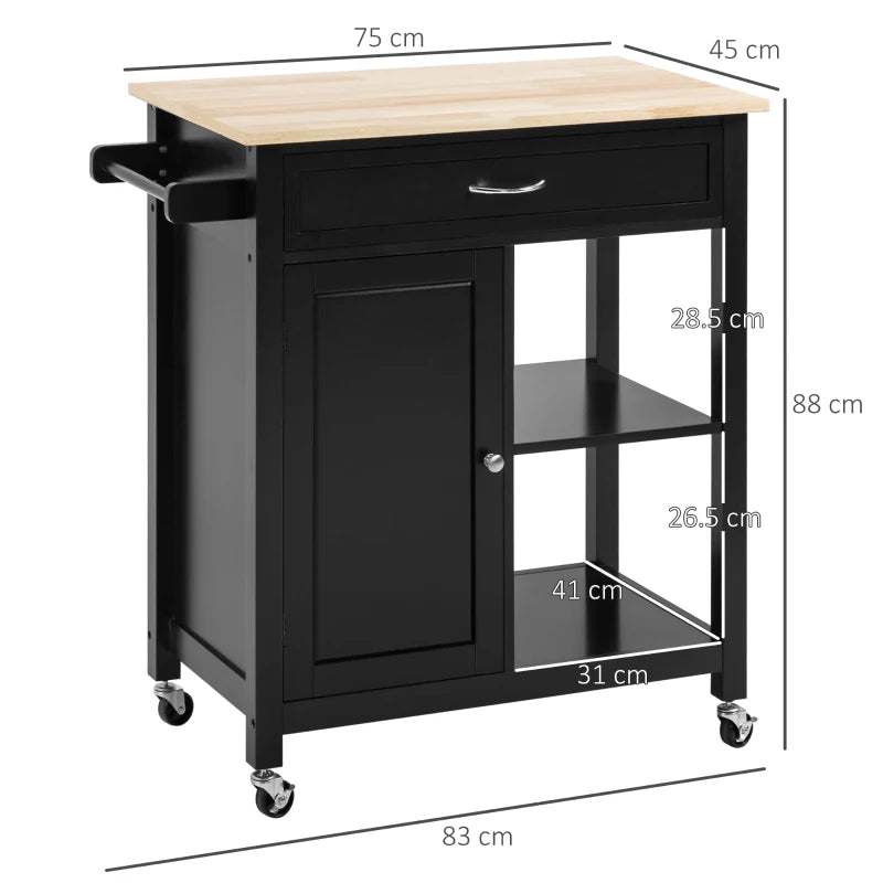 Wooden Kitchen Cart with Drawer, Cabinet and Wheels, 83x45x88cm, Black