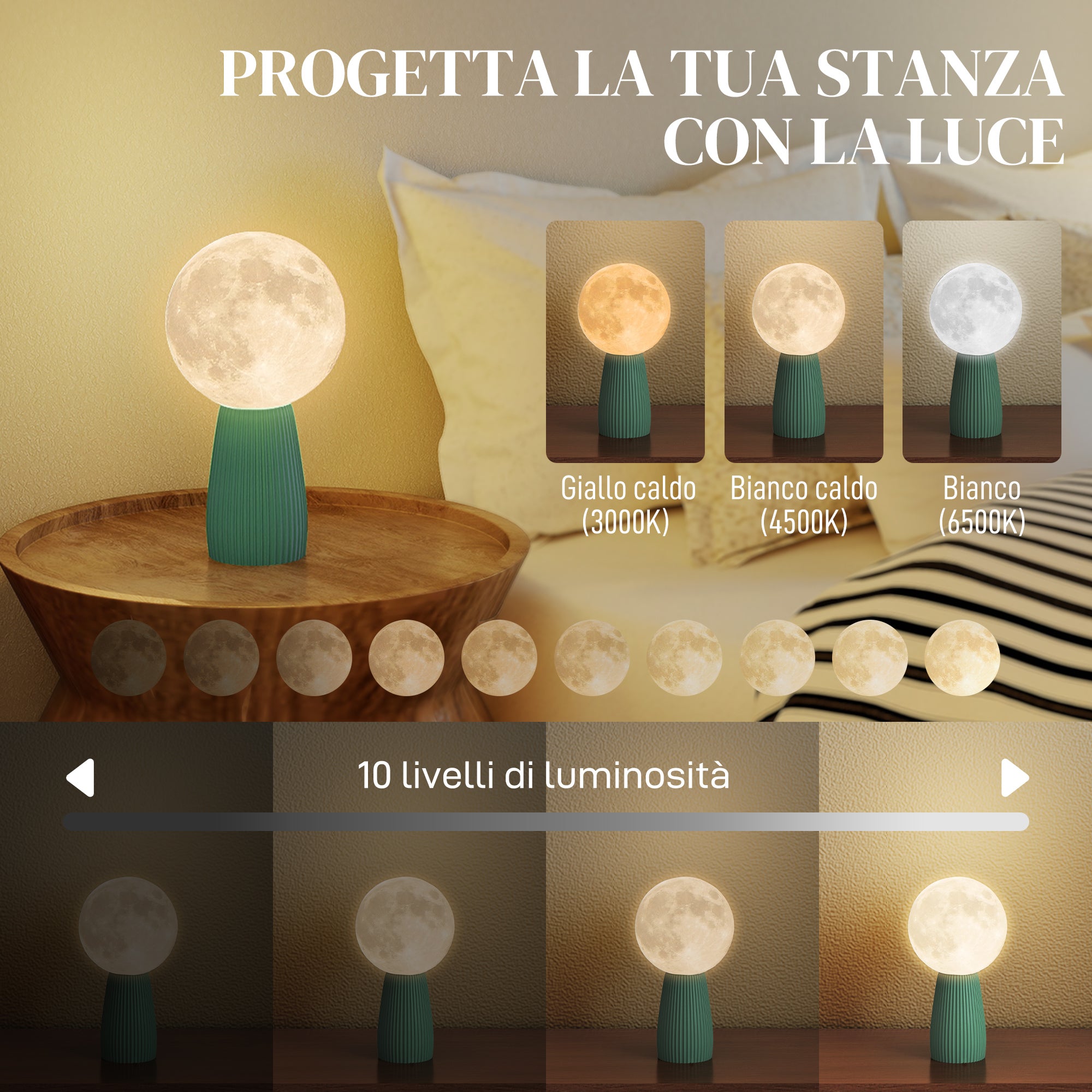 Moon-Shaped Table Lamp with 3 Colors and 10 Brightness Levels, ABS, Ø15x28 cm, White and Dark Green