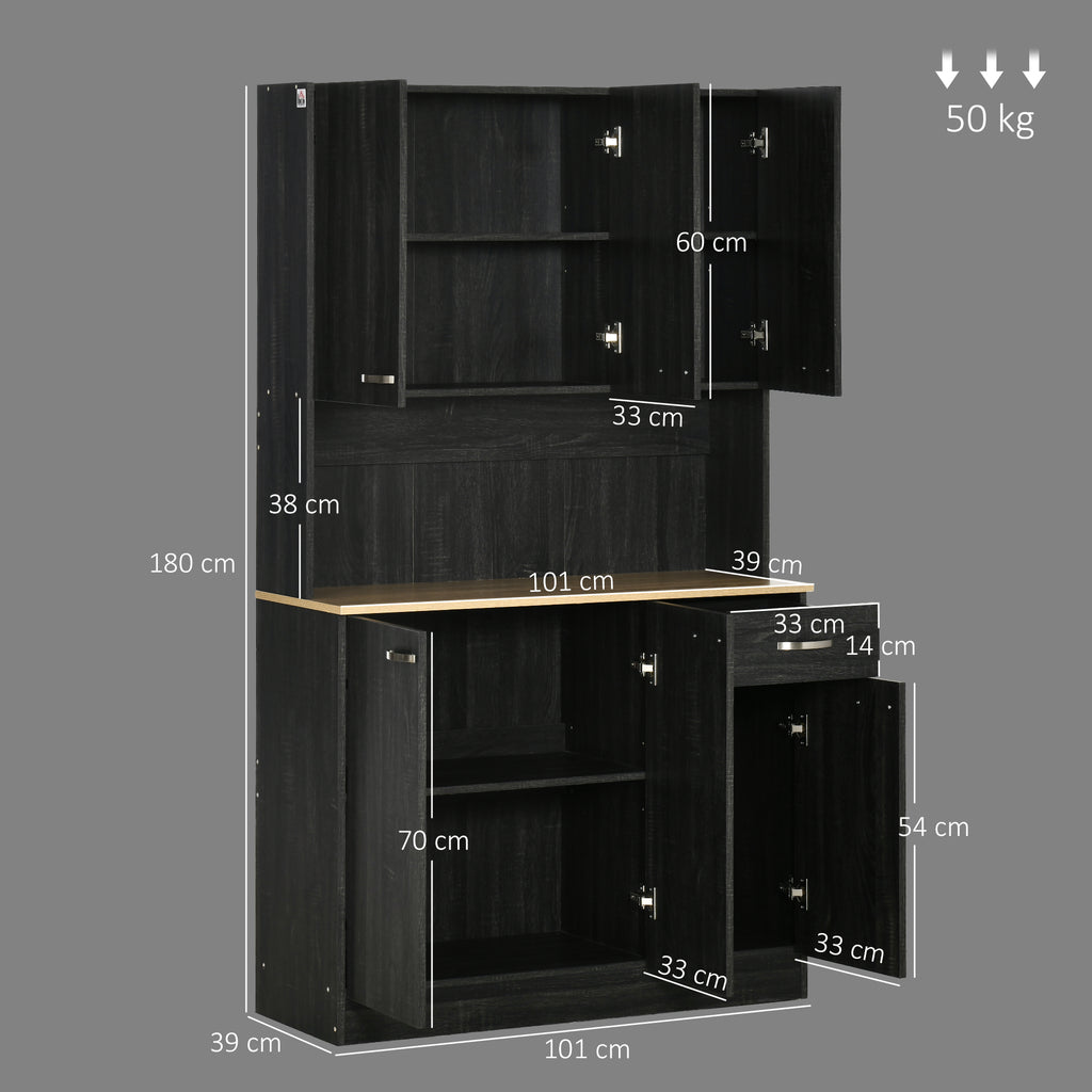 Tall Wooden Pantry Cabinet with Drawers and Cupboards, 101x39x180 cm, Black