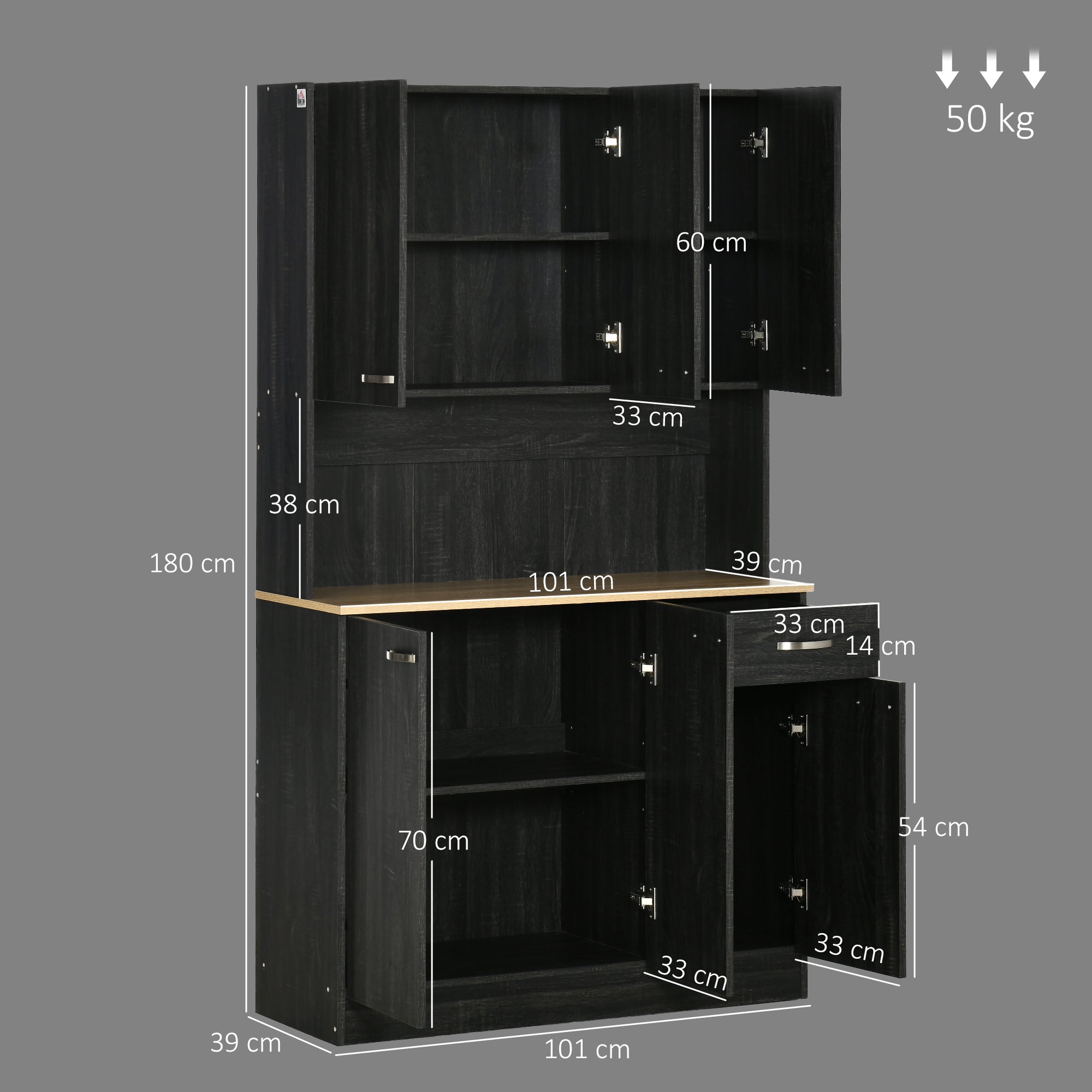 Tall Wooden Pantry Cabinet with Drawers and Cupboards, 101x39x180 cm, Black