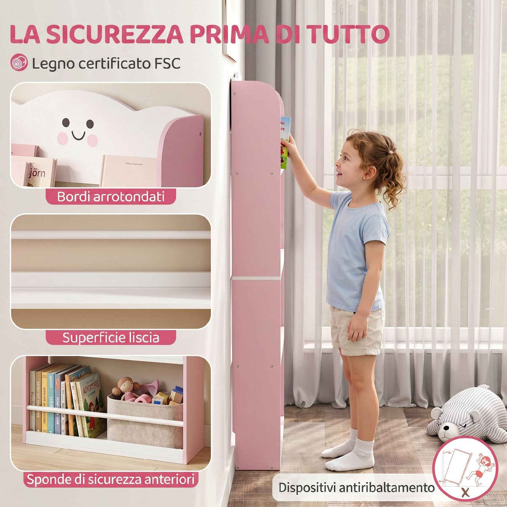 AIYAPLAY Montessori Bookshelf for Children Ages 3-6 with Cotton Candy Theme, 4 Wooden Shelves, for Children's Bedroom, Pink