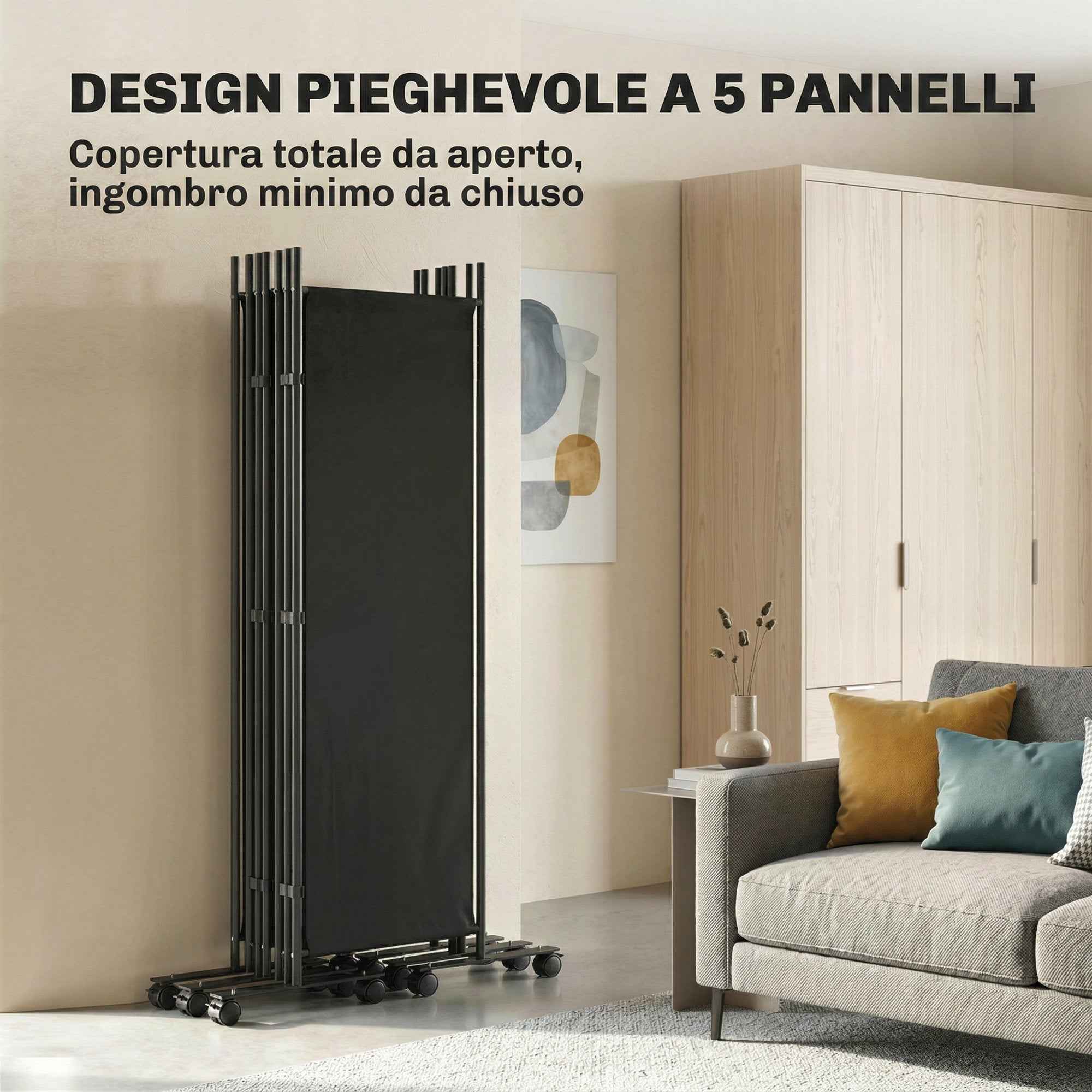 Outsunny 5-Panel Decorative Steel Room Divider with 12 Wheels and Connection Clips, Black