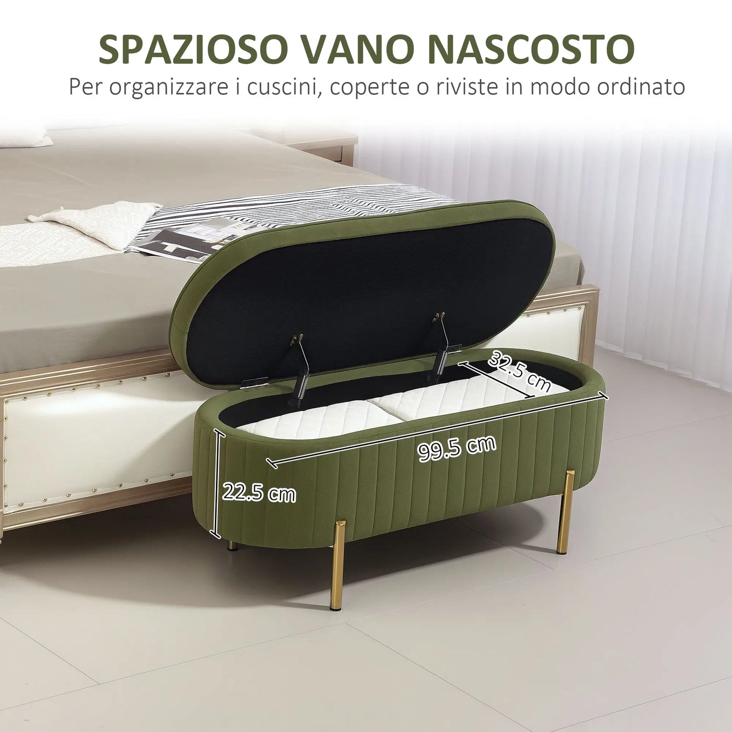 Oval Storage Bench 72L with Lift-Up Lid, Velvet and Wood Effect Fabric, 108x44x43.5 cm, Green