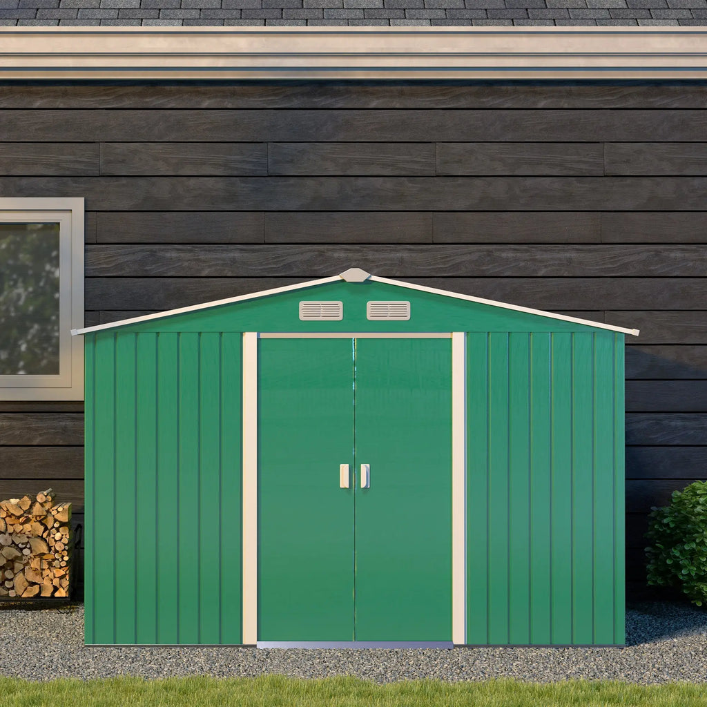 Garden Shed with Base and Double Sliding Doors, Steel Garden Shed, 277x195x192 cm, Dark Green - Borge' Group Limited