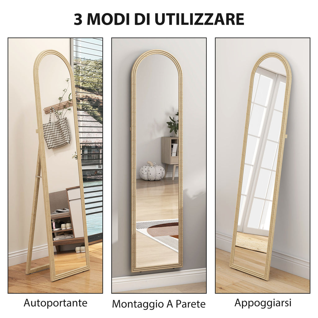 Full-Length Floor and Wall Mirror with Easel, Stone Effect and Arch Shape, 40x160 cm, Beige