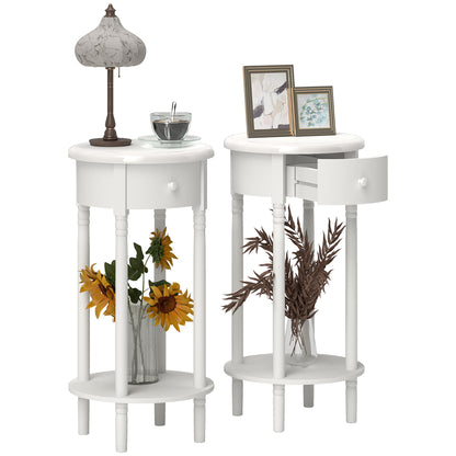 Set of 2 Bedside Tables with Drawer and Wooden Shelf Contemporary Style, Ø35.5 x 71 cm, White